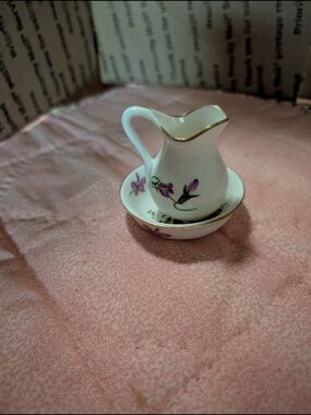 Porcelain Creamer and Saucer with Purple Floral and Gold Trim